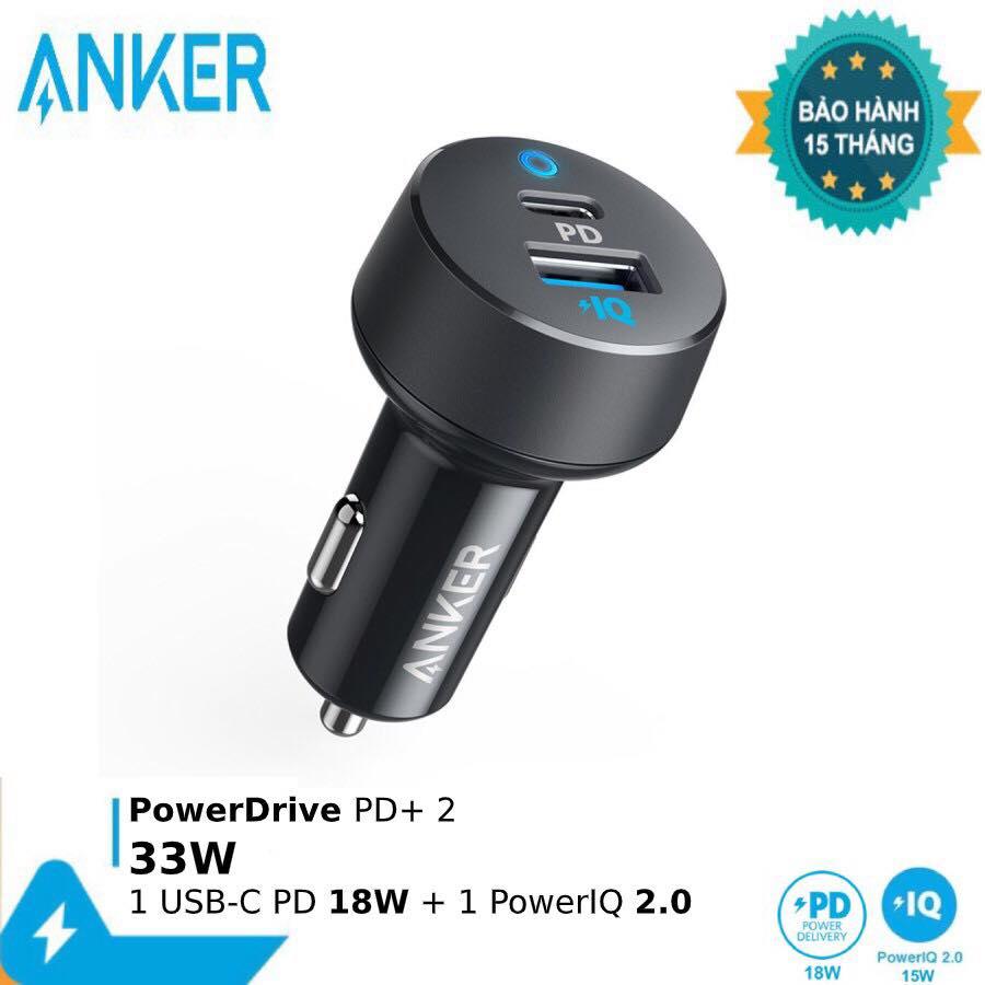 Sạc ô tô ANKER PD 2 cổng 33W A2721 ( 1 PD 18W + 1 PowerIQ 12W ) (ĐEN)