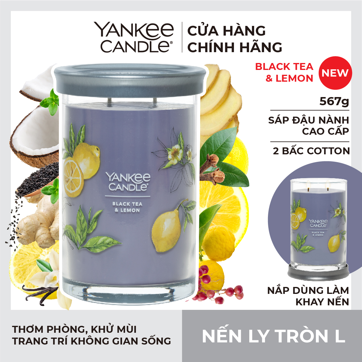 Nến ly tròn sáp đậu nành Yankee Candle size L - Black Tea & Lemon
