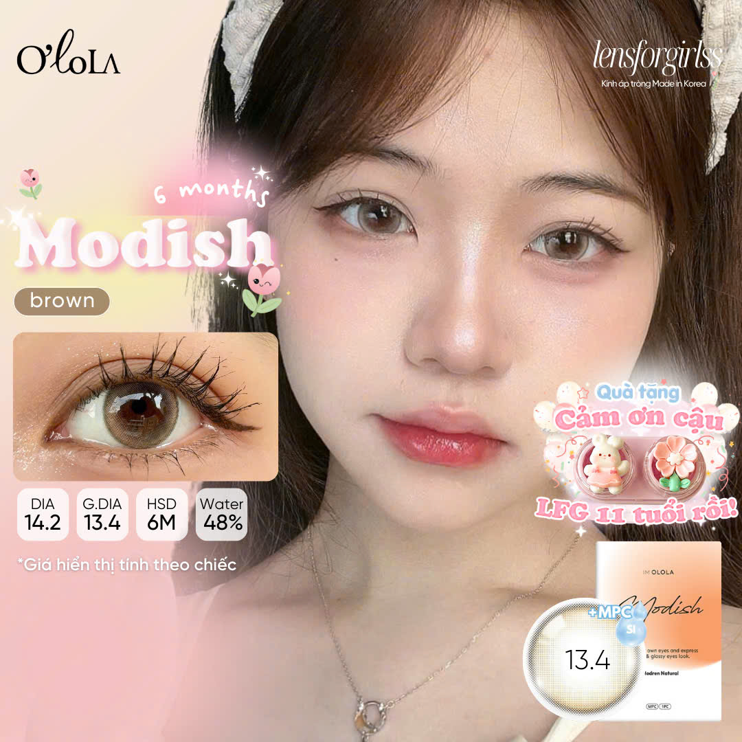 Kính áp tròng sz GIÃN TRÒNG ẨM CAO nâu phủ bóng trong trẻo MODISH BROWN chính hãng OLOLA | Lens cận| LENSFORGIRLSS