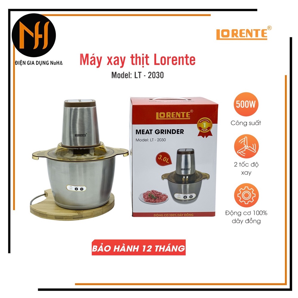 Máy xay thịt cá đa năng cối inox cao cấp 3.0 lit lorente-2030, công suất 500w, động cơ dây đồng
