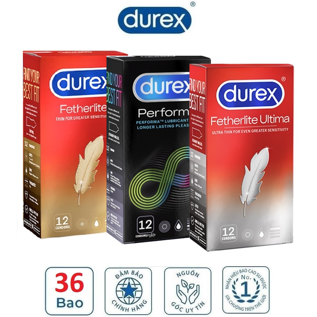 [HCM]Bộ 3 hộp Bao Cao Su Durex Fetherlite 12s - Fetherlite Ultima 12s - Durex Performa 12s - siêu mỏng  kéo dài thời gian cực đã