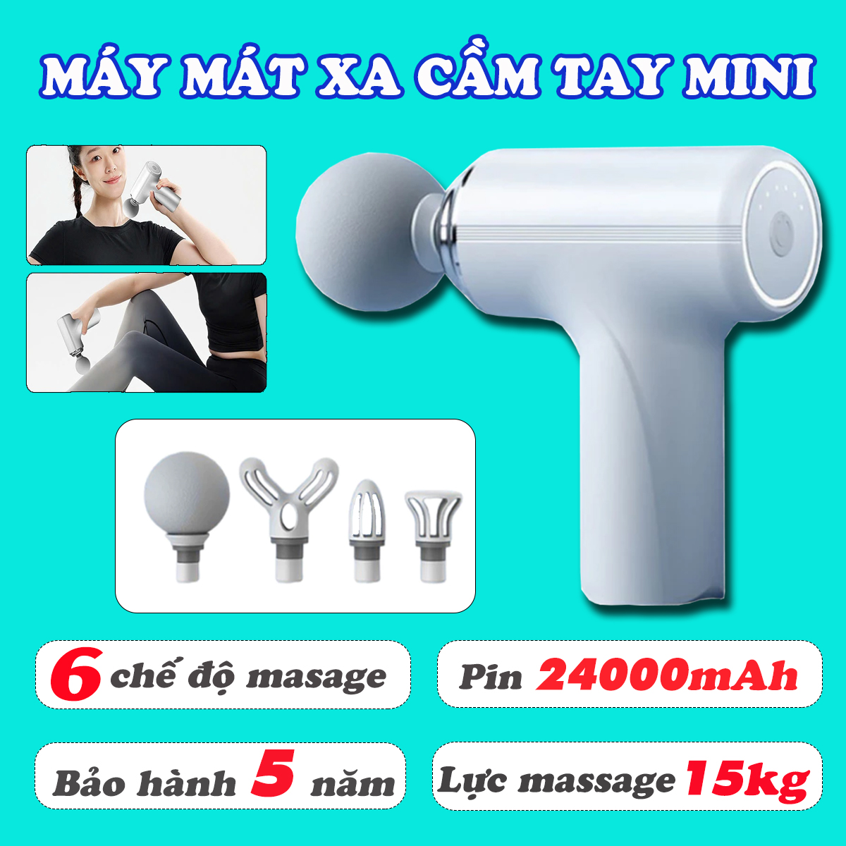 Máy massage cầm tay mini cao cấp 4 đầu 6 chế độ mát xa-Công nghệ AI cảm biến lực nhấn giúp massage nhức mỏi vai gáy, đau giãn cơ - Máy đấm lưng đa năng tiện lợi