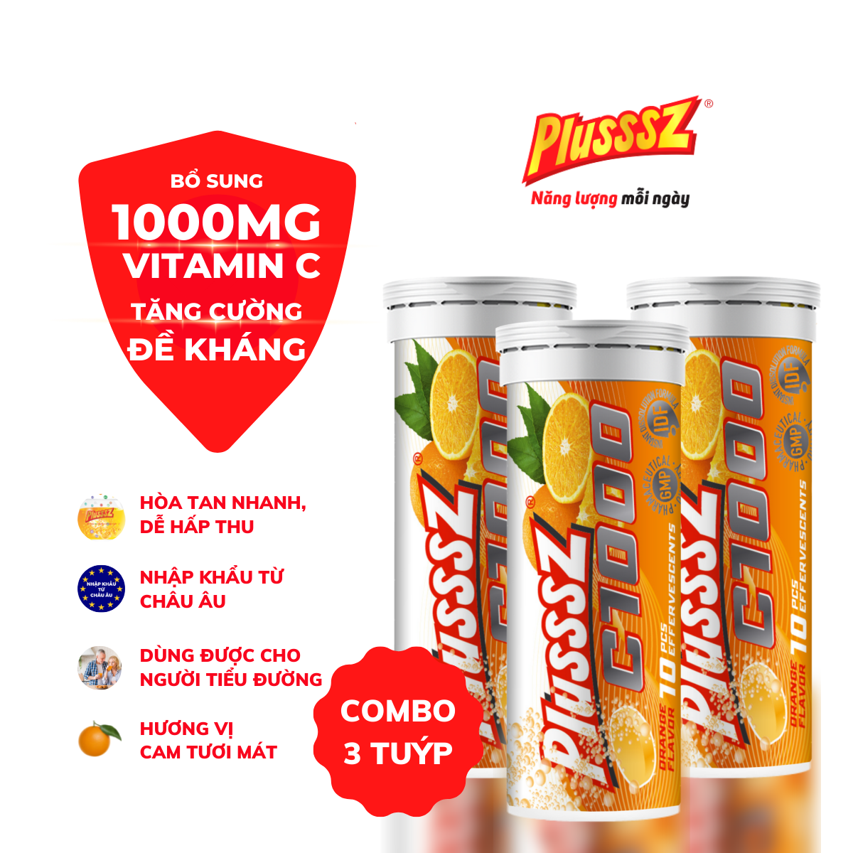 COMBO3TUYP Viên sủi Plusssz C1000 bổ sung 1000mg vitamin c hỗ trợ tăng