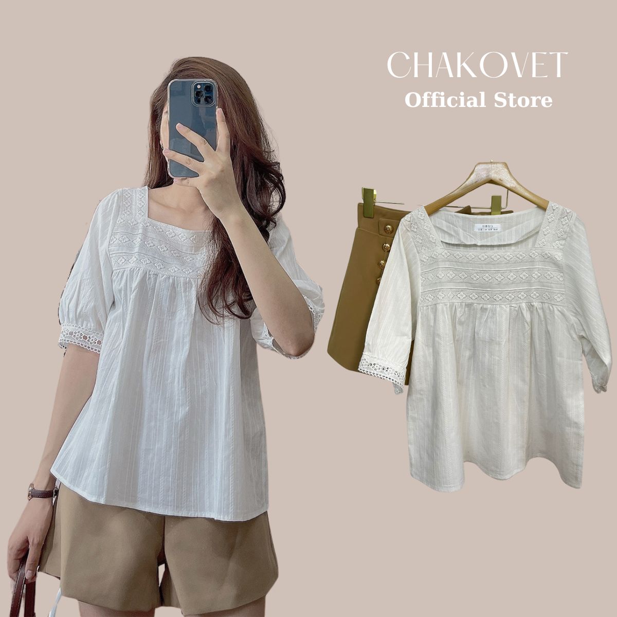 Áo kiểu nữ cộc tay CKA.829 cổ vuông ngực phối ren freesize dưới 55kg mặc đẹp thoáng mát dáng xinh phù hợp đi làm đi học đi chơi