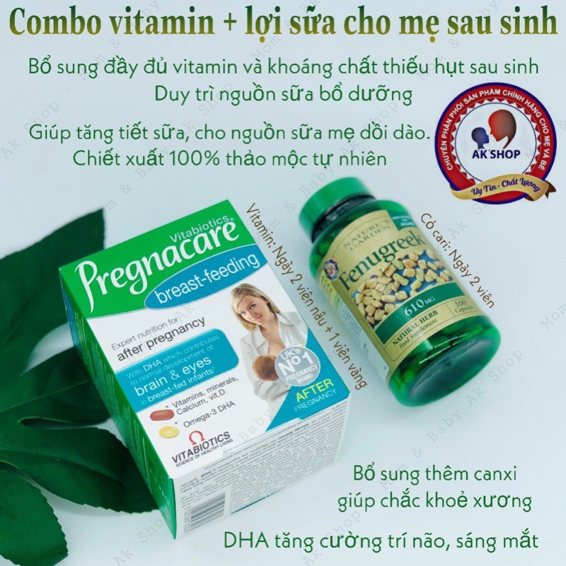 Combo Lợi Sữa Vitamin Bú Pregnacare Breastfeeding Và Cỏ Cà Ri Nature’S Fenugreek Hàng  Uk