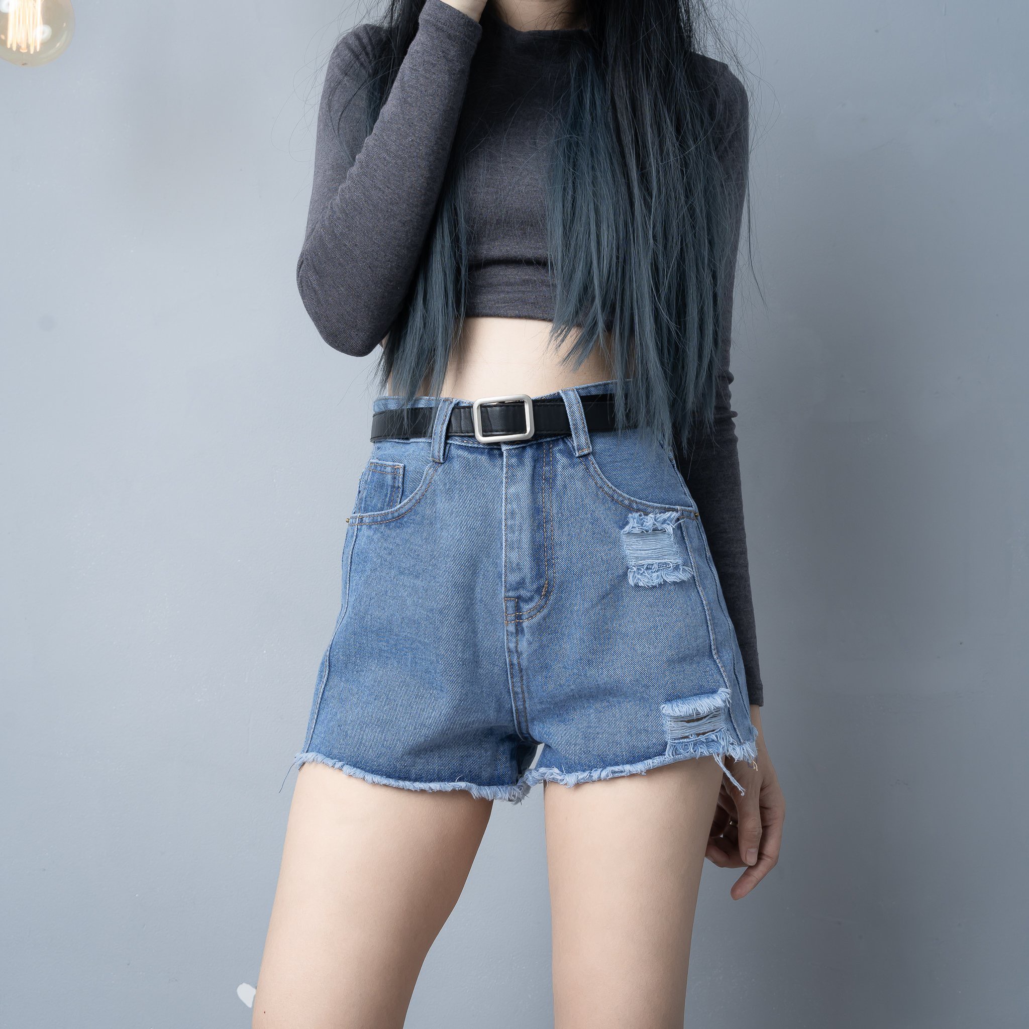 Quần sọt jeans nữ chip thân lưng cao vải dày chuẩn form