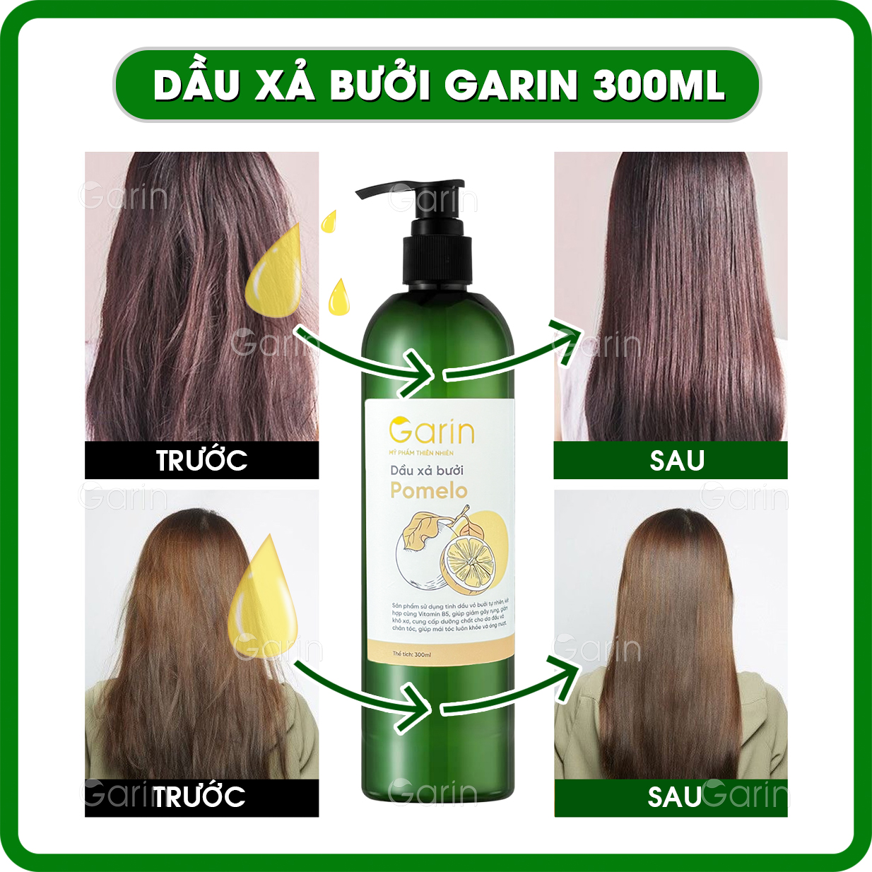 Dầu xả bưởi suôn mượt tóc tinh dầu bưởi pomelo Garin 300ml dưỡng tóc kích mọc tóc giảm rụng cho mái tóc chắc khỏe và suôn mượt
