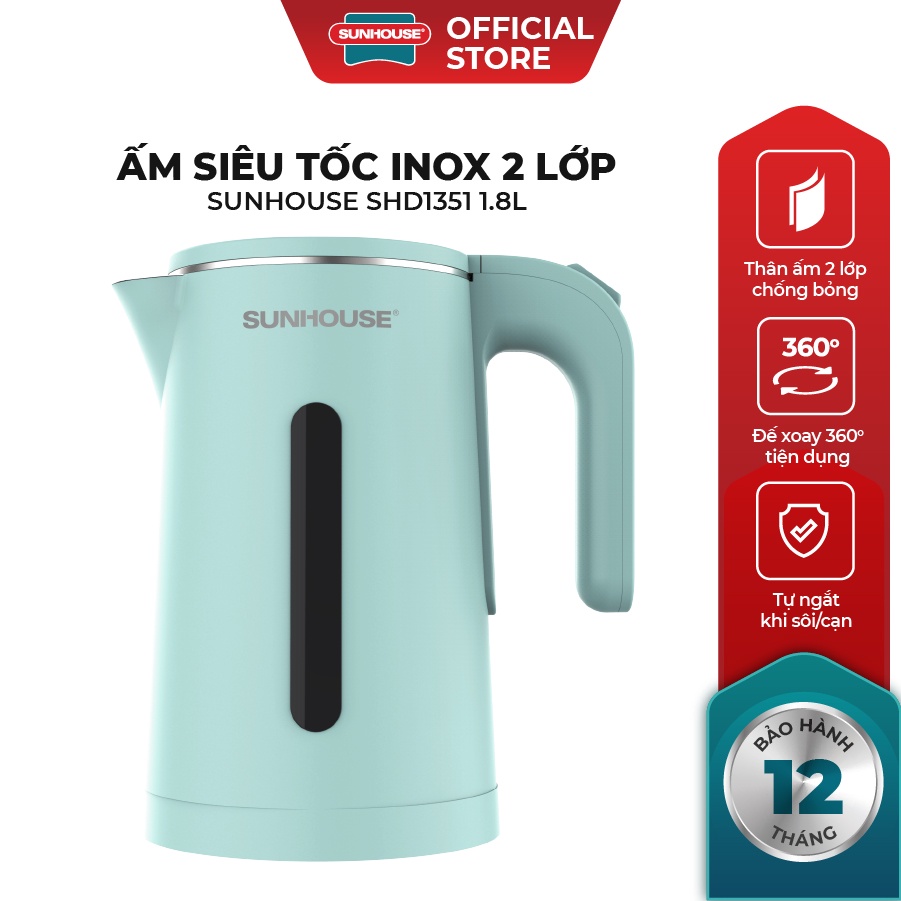 Bình đun siêu tốc 1.8l sunhouse 2 lớp đun nhanh tiết kiệm điện chính hãng - bảo hành 1 đổi 1