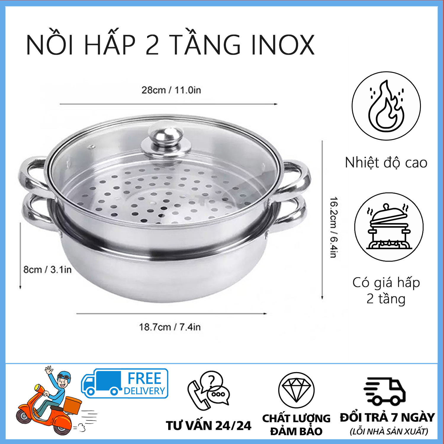 NỒI HẤP INOX 2 TẦNG ĐA NĂNG - NỒI HẤP KIÊM NẤU LẨU - Nồi hấp 2 tầng inox , Xửng hấp 2 tầng 28cm - Vung kính tiện dụng, chất liệu inox 304 cao cấp
