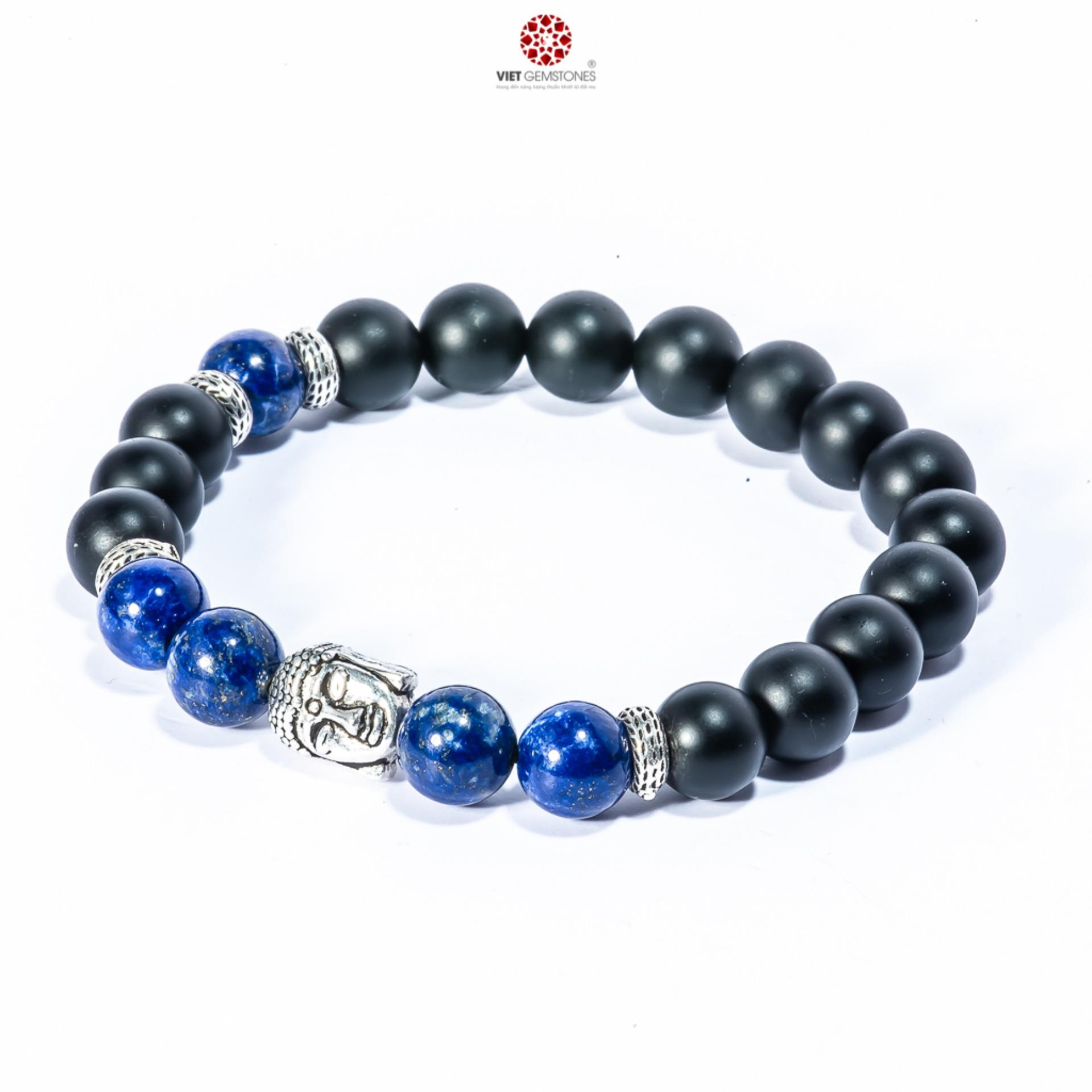 Vòng tay đá thiền Obsidian mix đá Lapiz Lazuli và charm bạc Phật
