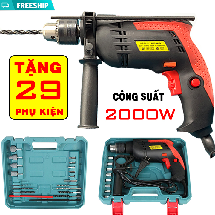 Máy khoan điện đa chức năng 2000W - Bộ khoan đa năng ( khoan sắt - nhôm - kim loại , bắt vít, siết bu lông, mài ) công suất khủng 2000W - Tặng bộ phụ kiện 29 chi tiết