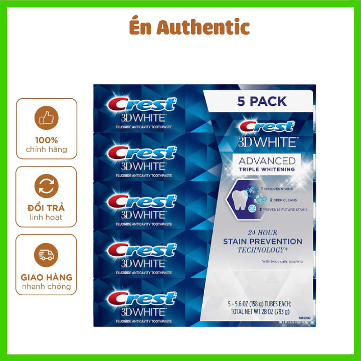Kem Đánh Răng Crest 3D White Advanced Triple Whitening Tuýp 158g Từ Mỹ