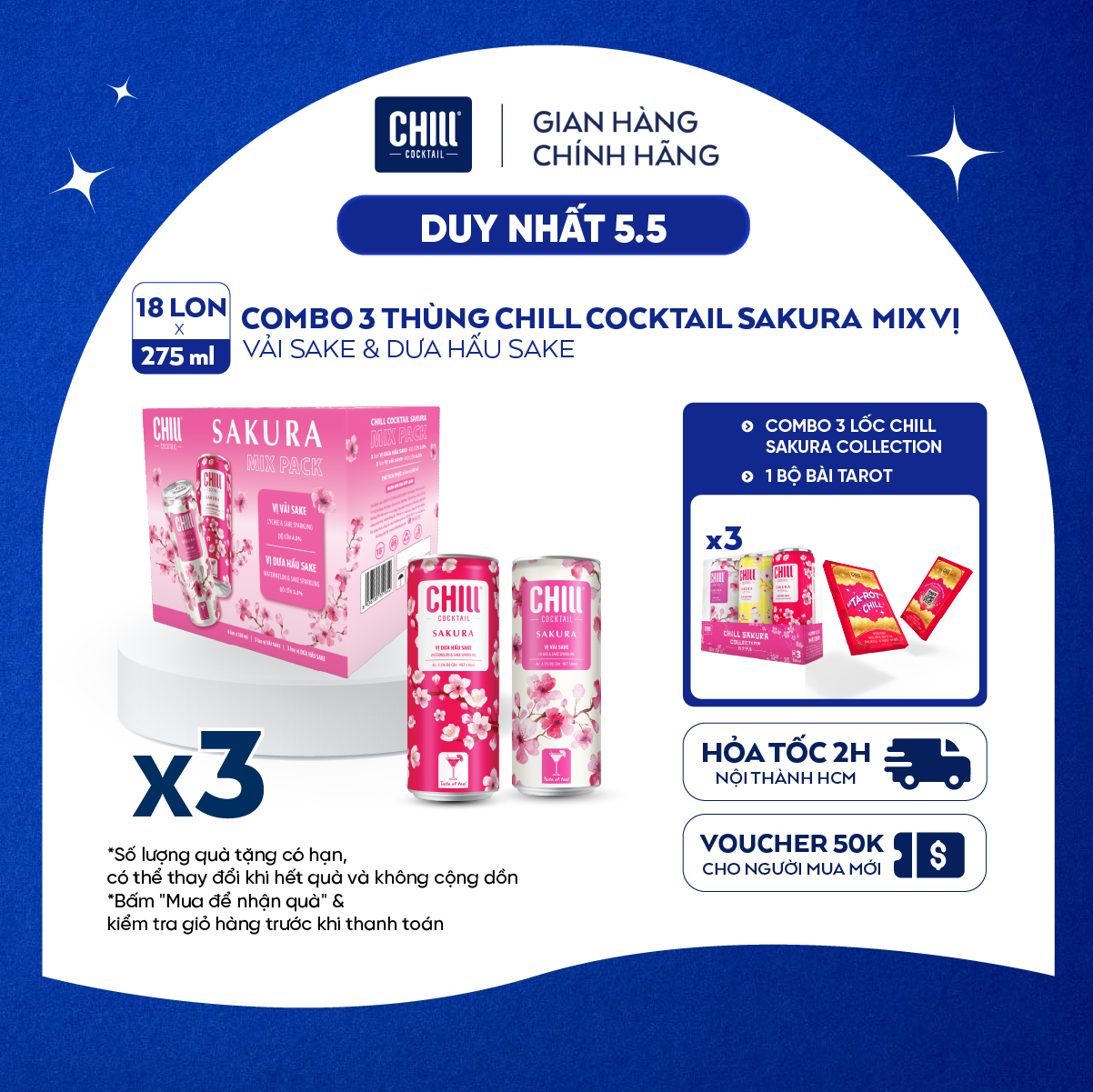 Combo 3 Thùng 6 lon Chill Cocktail Sakura mix vị Vải Sake & Dưa Hấu Sake (18 lon x 330ml/lon)