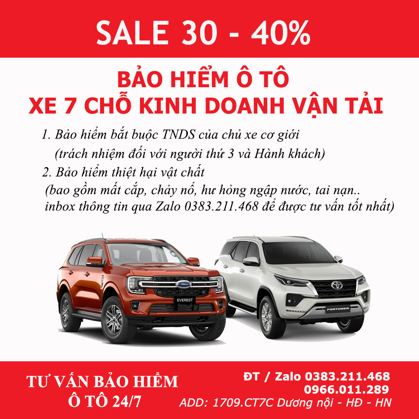 Bảo hiểm ô tô 7 chỗ có kinh doanh vận tải, bảo hiểm xe 7 chỗ kinh doanh vận tải chiết khấu cao