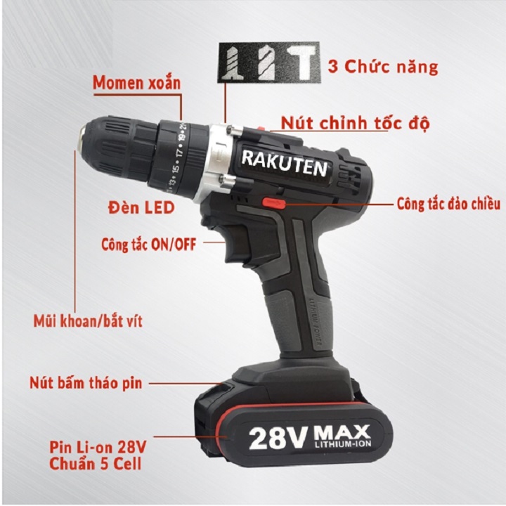 Máy khoan pin rakuten 28v, máy khoan cầm tay, máy khoan pin búa bảo hành 12 tháng - tặng bộ phụ kiện 25 chi tiết