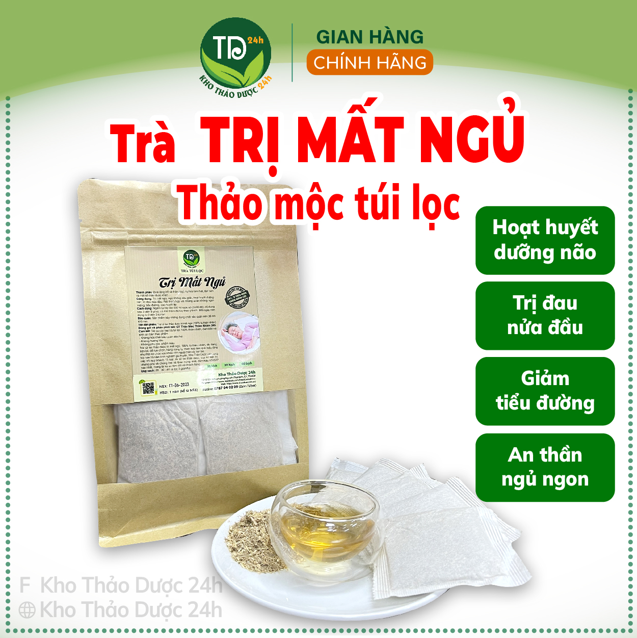 Trà trị mất ngủ, giành cho người mất ngủ kinh niên, ngủ không sâu giấc, giúp an thần, điều hòa khí huyết, lưu thông máu, 100% từ thiên nhiên I Kho Thảo Dược 24h