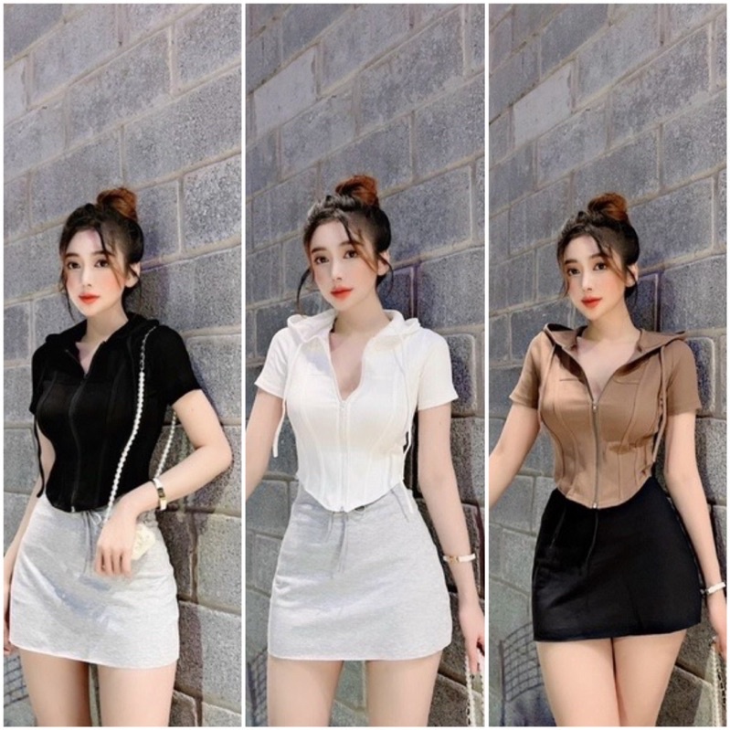 Áo khoác nữ có dây kéo vải thun gân ôm body xinh có nón kh1 / áo khoác ngắn tay nữ kèm nón cực đẹp