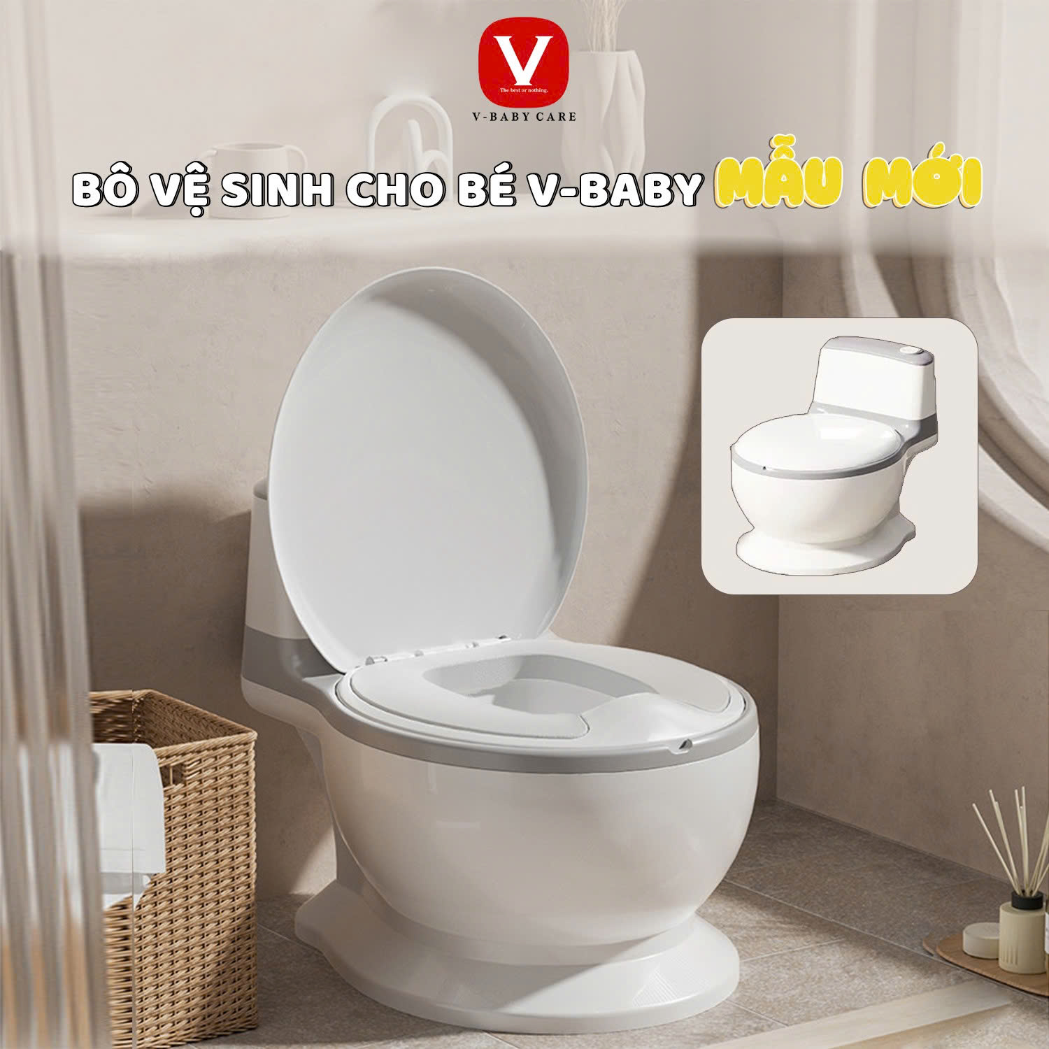 Bô Vệ Sinh Cho Bé V-BABY W4 Có Nắp Đậy Và Đệm Pvc Êm Ái - Cho Bé Trai & Bé Gái