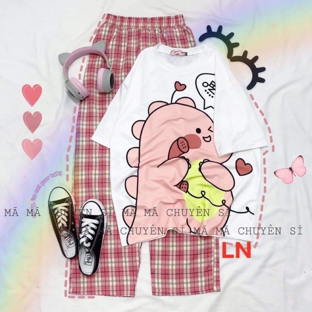 Sét áo nghe điện + quần kẻ Hồng áo thun nam nữ, quần kaki, quần nữ, sét bộ mặc ở nhà, áo thun tay dài, quần jean ống rộng - THE THY