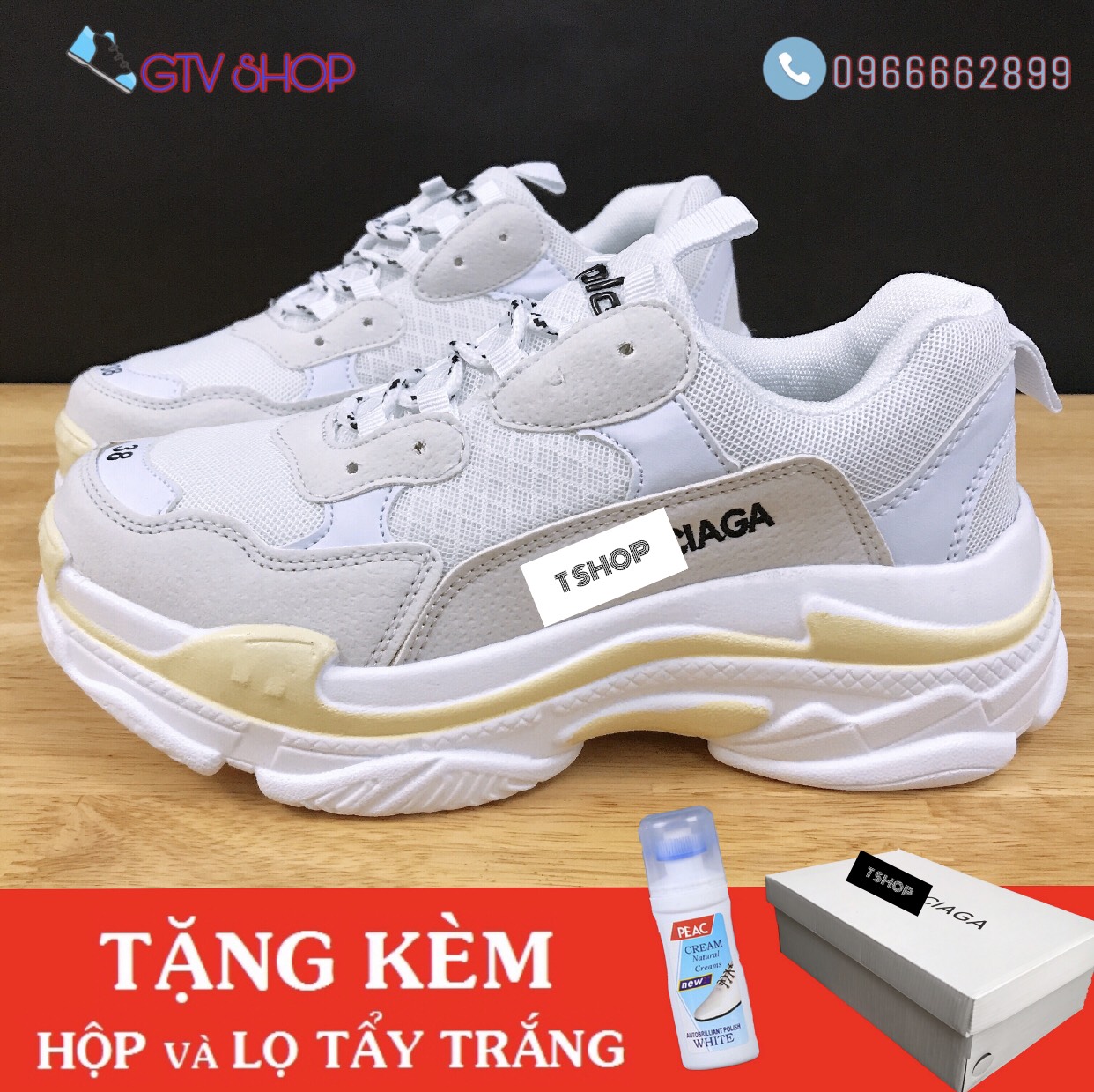Tặng hộp và Lọ vệ sinh giày - Giày thể thao nam nữ 3len triple trắng vàng.