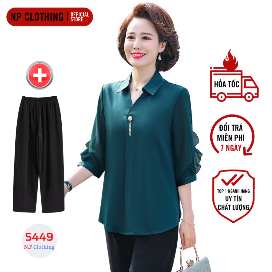 Set quần áo trung niên s449, mẫu áo sơ mi trung niên chất lụa phối quần ống suông cao cấp | thời trang trung niên u50