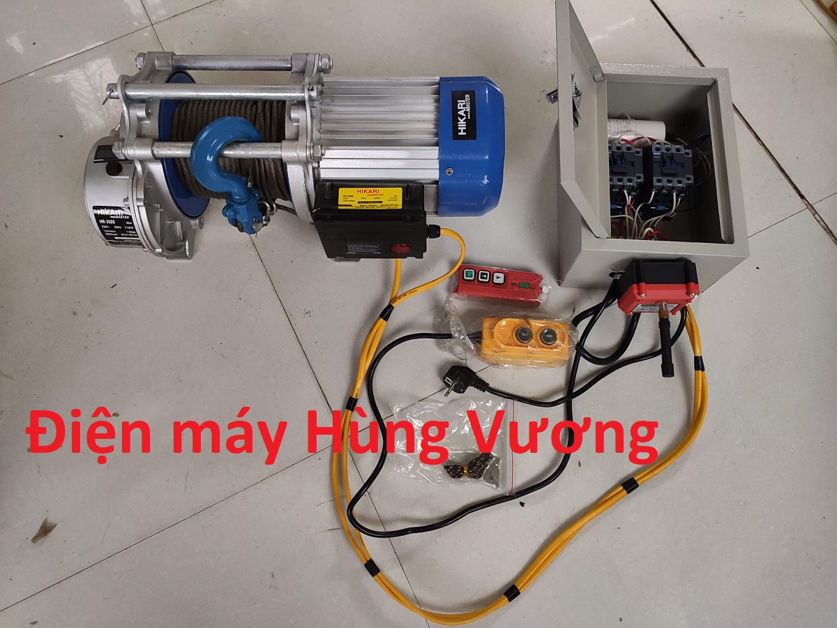 Tời điện HiKari HR 3500 công suất 3,5 KW 220 vôn, lắp bộ điều khiển từ xa F21-2S +hộp khởi động từ. Madein Thái lan màu xanh trắng, dây đồng chịu nhiệt cáp chịu lực lõi thép,