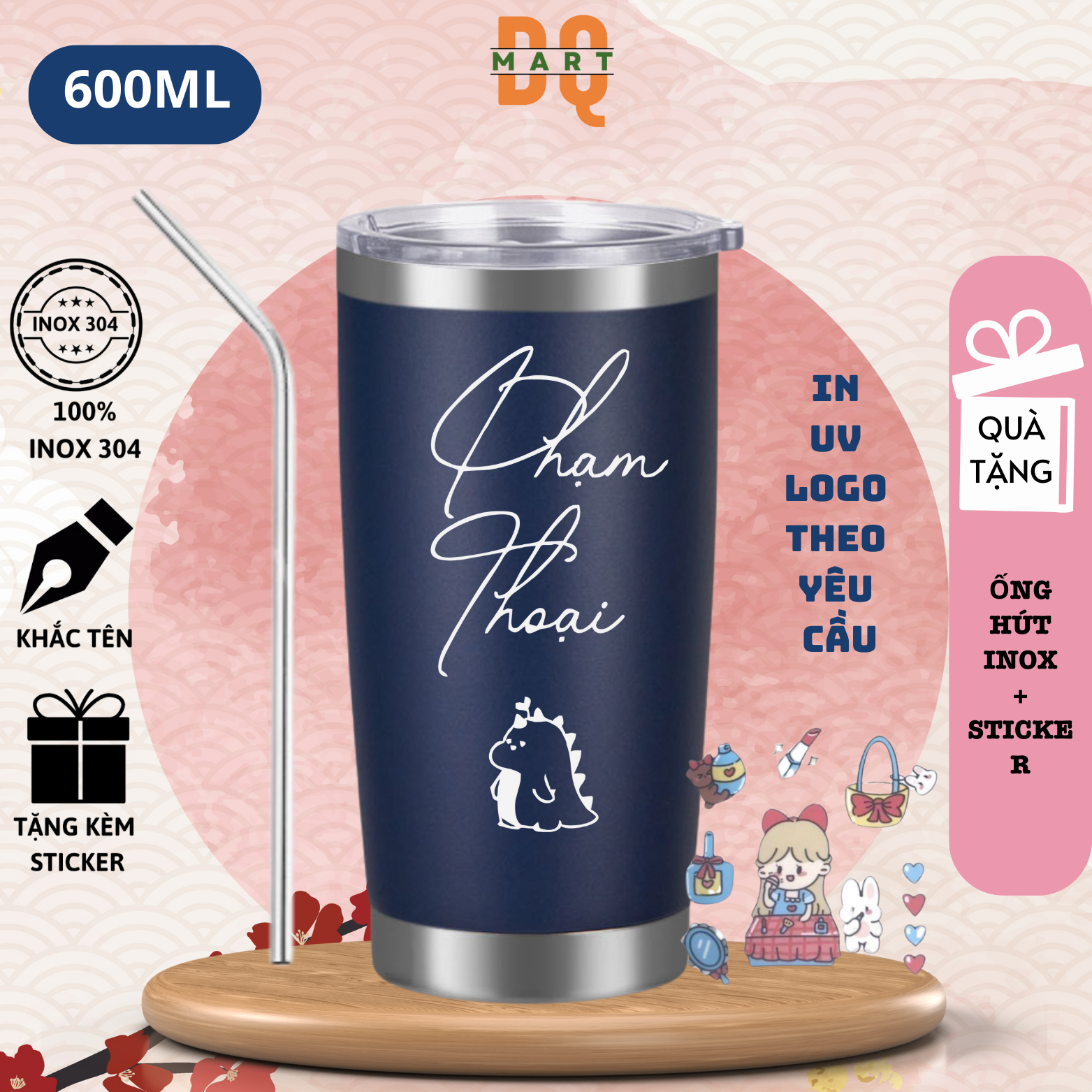 Cốc giữ nhiệt khắc tên dung tích 600ml, Ly cốc giữ nhiệt cute uống cà phê dùng văn phòng DQMart