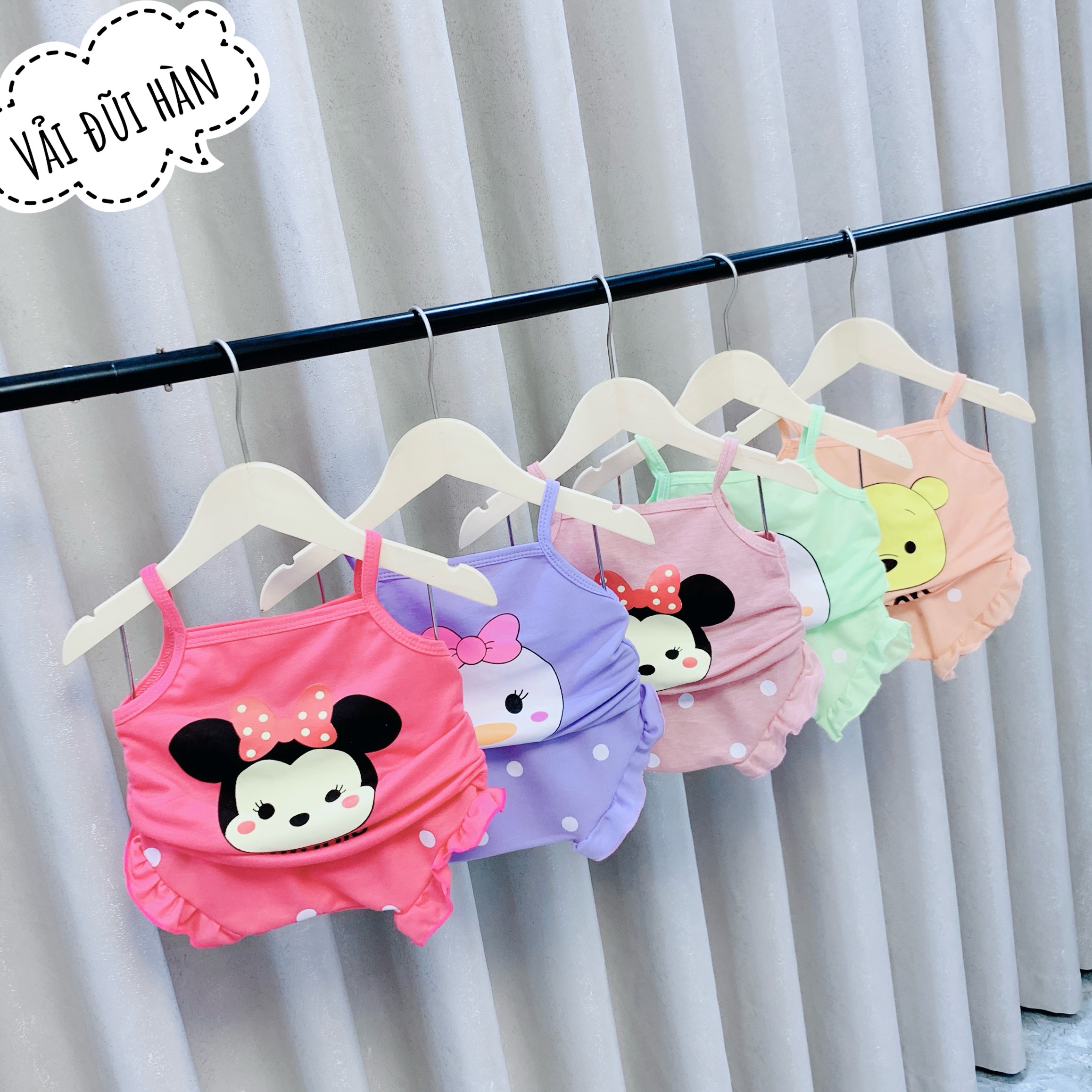 Bộ hè hai dây chíp vải đũi hàn cho bé gái , đồ bộ hè cotton cho bé từ 7-18kg