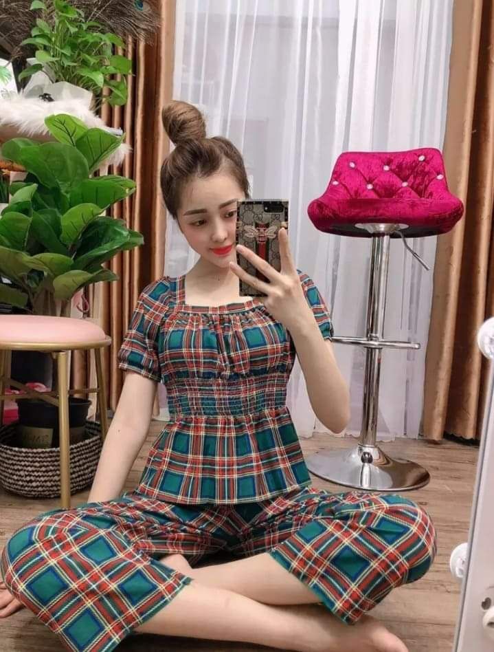 Sét bộ, đồ bộ mặc nhà nhún thun sọc caro vải lụa Hàn siêu xinh