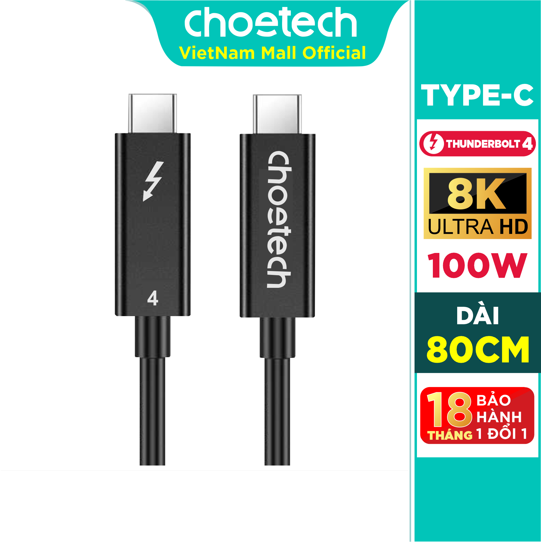 Dây Cáp Thunderbolt 4 Chuẩn Intel CHOETECH A3010-BK Dài 0.8M, 40Gbps, Sạc PD 100W, 8K 60Hz, 5K 60Hz, 4K 60Hz Kép - Hàng Chính Hãng