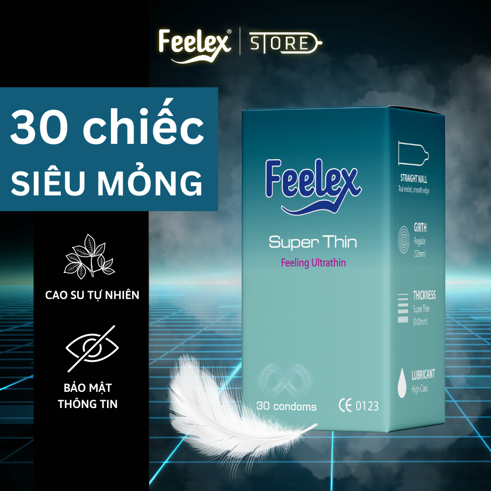Bao cao su nam gia đình Feelex Super Thin siêu mỏng siêu trơn, hương dâu, vani, hộp 30 chiếc