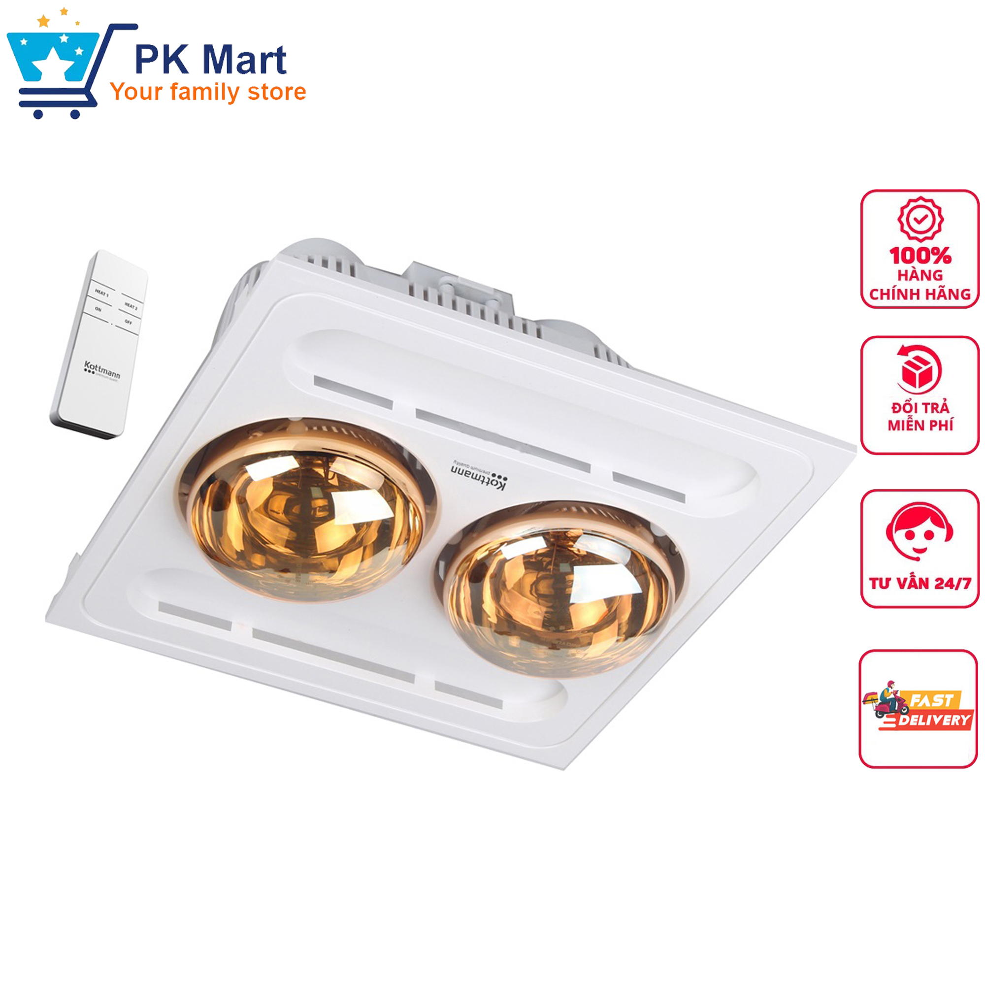 Đèn sưởi 2 bóng âm trần có điều khiển từ xa Kottmann K9R bảo hành 3 năm
