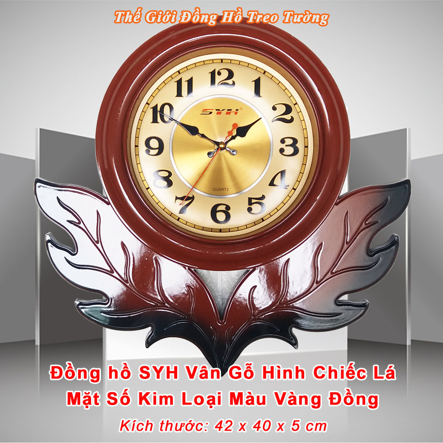 Đồng Hồ Treo Tường Đẹp SYH, Họa tiết Lá Cây, Hoa Lá, Mặt số Vàng Đồng – Máy Kim Trôi NHẬT – Bảo Hành 2 Năm – Tặng Pin Maxell