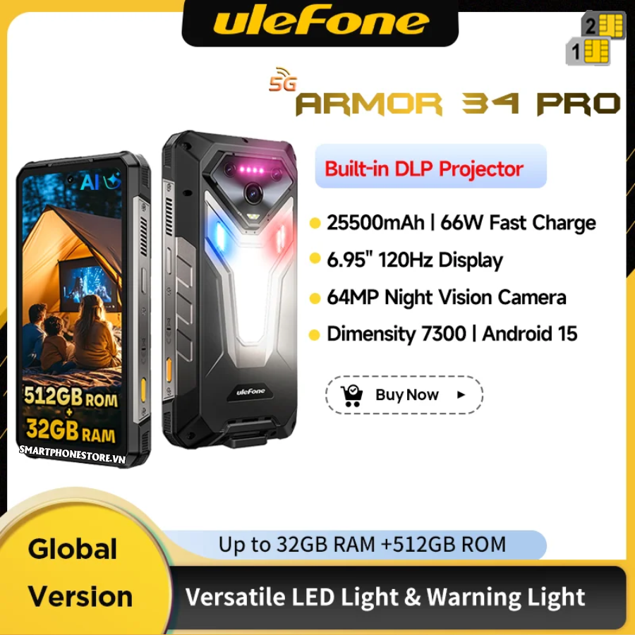 Điện thoại Ulefone Armor 34 Pro 5G AI siêu bền pin 25500mAh (32GB/512GB)  Máy chiếu 120Hz,màn hình 6.95 Có NFC bảo hành 12 tháng