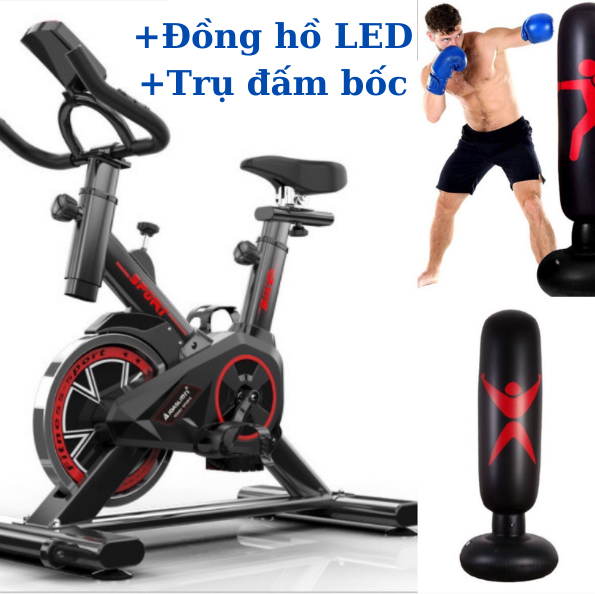[Giá gốc tận xưởng]Xe đạp tập thể dục tại nhà Sport, màu đỏ đen  Tặng kèm Đồng hồ + Trụ đấm bốc