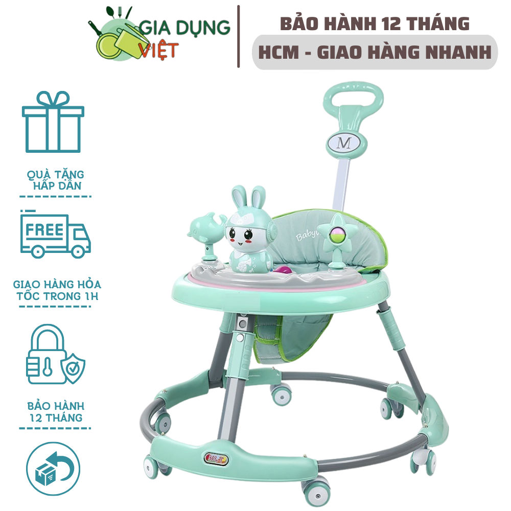 Xe Tròn Tập Đi Cho Bé Chống Đổ Có Tay Đẩy Kèm Nhạc Tích Hợp Bàn Ăn, Bánh Xe Xoay 360 Độ Chắc Chắn, 6 Nấc Điều Chỉnh Cao Thấp Tiện Ích, Có Thể Gấp Gọn LẠi, An Toàn Cho Bé Được Các Mẹ Tin Dùng