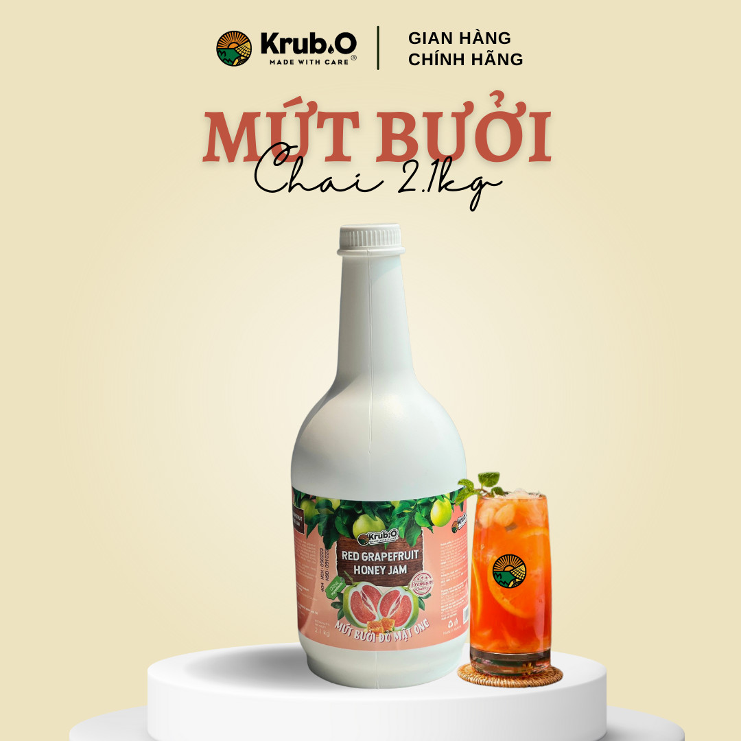 Mứt Bưởi Đỏ Mật Ong Krub.O Chai 2.1kg - Sốt bưởi đỏ đặc và có tép bưởi và cùi bưởi - Pha trà trái cây, sữa chua, trà sữa, món tráng miệng thơm ngon - Nguồn nông sản thuần Việt, tươi ngon tự nhiên