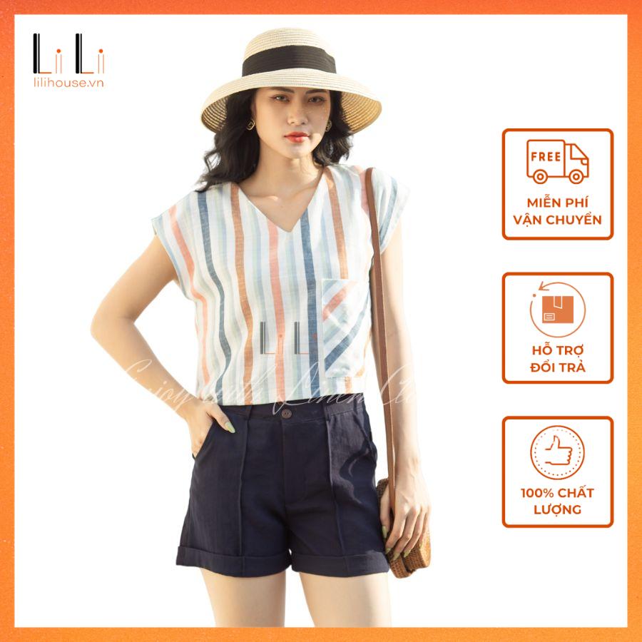 Áo Kiểu Nữ Tay Ngắn Cổ V Họa Tiêt Sọc Phối Short Chất Vải Linen Không Nhăn, Phong Cách Vintage Mặc Đi Làm Đi Chơi  - LiLi - Thời trang Linen