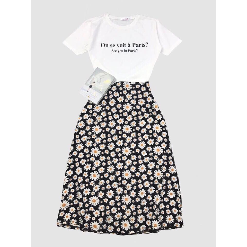 [3-5/8 Hoàn Tiền 25%] Sét áo và chân váy nữ áo thun Cotton có dãn in họa tiết chữ phối chân váy họa tiết cúc họa mi hót trent thiết kế thanh lịch thích hợp mặc đi chơi, đi du lịch