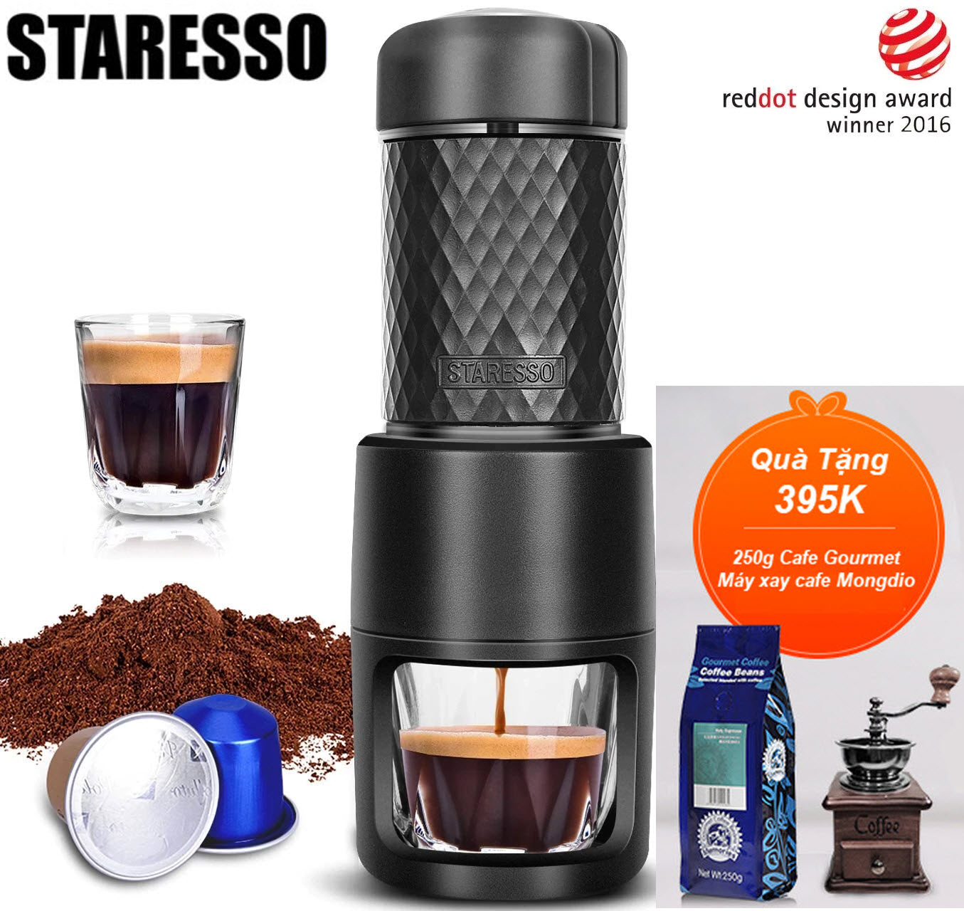 Quà Tặng Trị Giá 299K [Bản Nâng Cấp 2021] Dụng Cụ Pha Cafe Espresso Cầm Tay Cao Cấp Staresso Basic 2 Trong 1-Pha Cả Cà Phê Bột Và Cà Phê Nén - Máy pha cà phê Staresso Basic du lịch cắm trại dã ngoại máy pha cafe cầm tay văn phòng nhà bếp