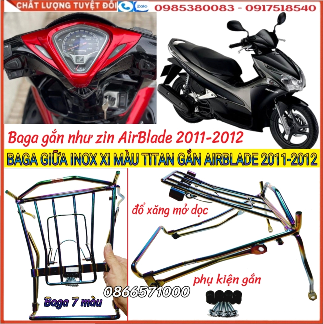 AirBlade 2011 – 2012 (AB Đầu Bò), AB Thái Fi Đời Đầu: Baga Khung Inox 10 ly, Màu Sơn Đen, Xi Màu Tit