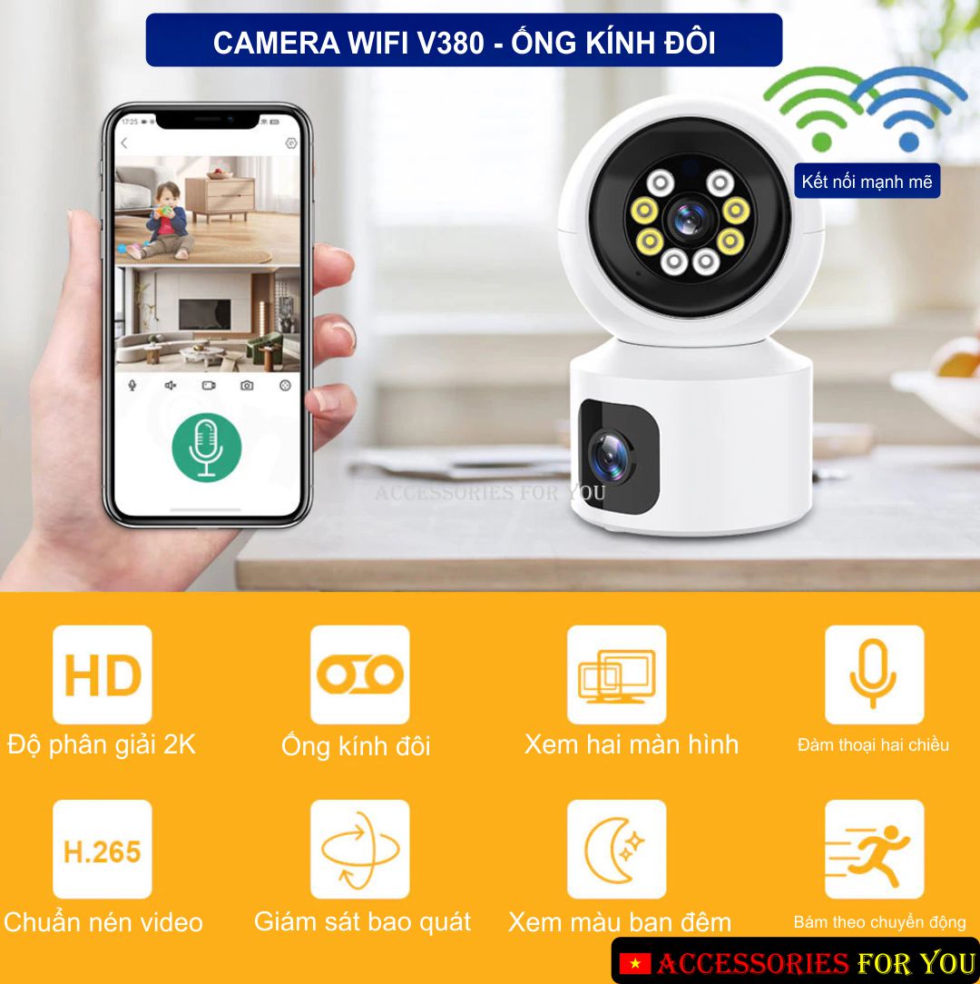 Camera Wifi V380 - Dual Lens, Camera giám sát thông minh, Camera hồng ngoại giám sát ban ngày và ban đêm