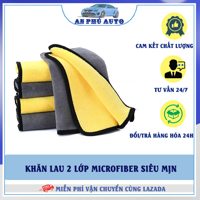 Khăn lau xe hơi, lau kính 2 lớp Microfiber dày, mịn không rụng sợi kích thước 30x30cm