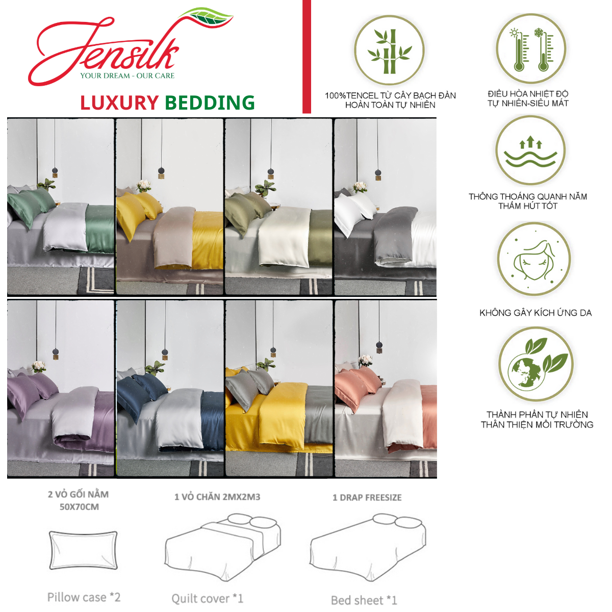 Bộ chăn ga gối lụa trơn cao cấp 100%Tencel 100s, phối 2 màu tương phản cực hot, chất liệu siêu mềm mịn mát, đủ size, đủ màu