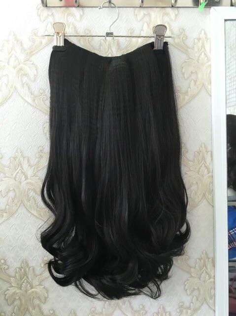 Tóc kẹp chữ u 3/4 đầu thẳng đuôi xoăn 60cm đen - hình thật