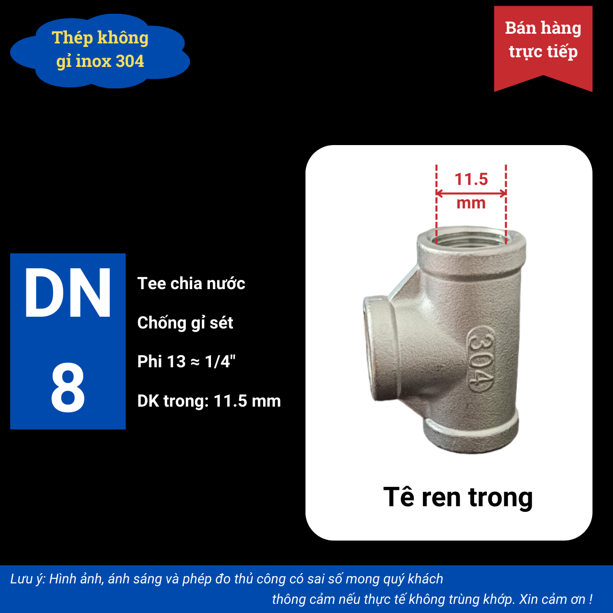 Tê ren trong inox 304 phi 13 phụ kiện chia nước 3 ngả kích thước 1/4"