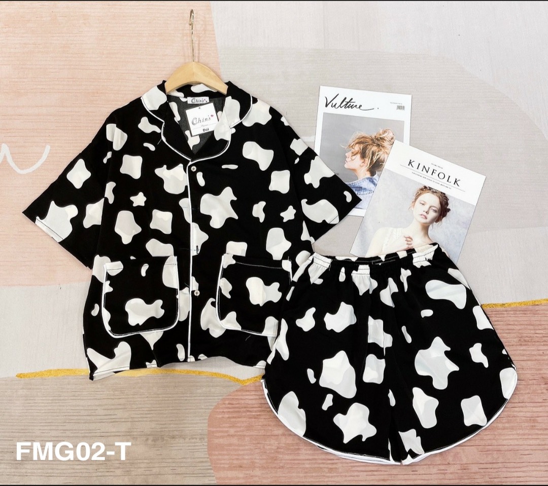 Bộ ngủ Pijama cộc BÒ SỮA lụa Mango siêu mềm mát hot hit