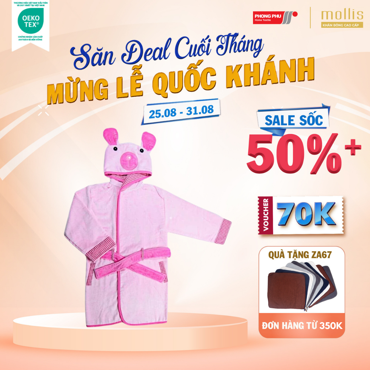 Áo choàng tắm trẻ em mollis cotton n30 65cm cao cấp thấm hút tốt mềm mại an toàn giữ ấm không xù lông