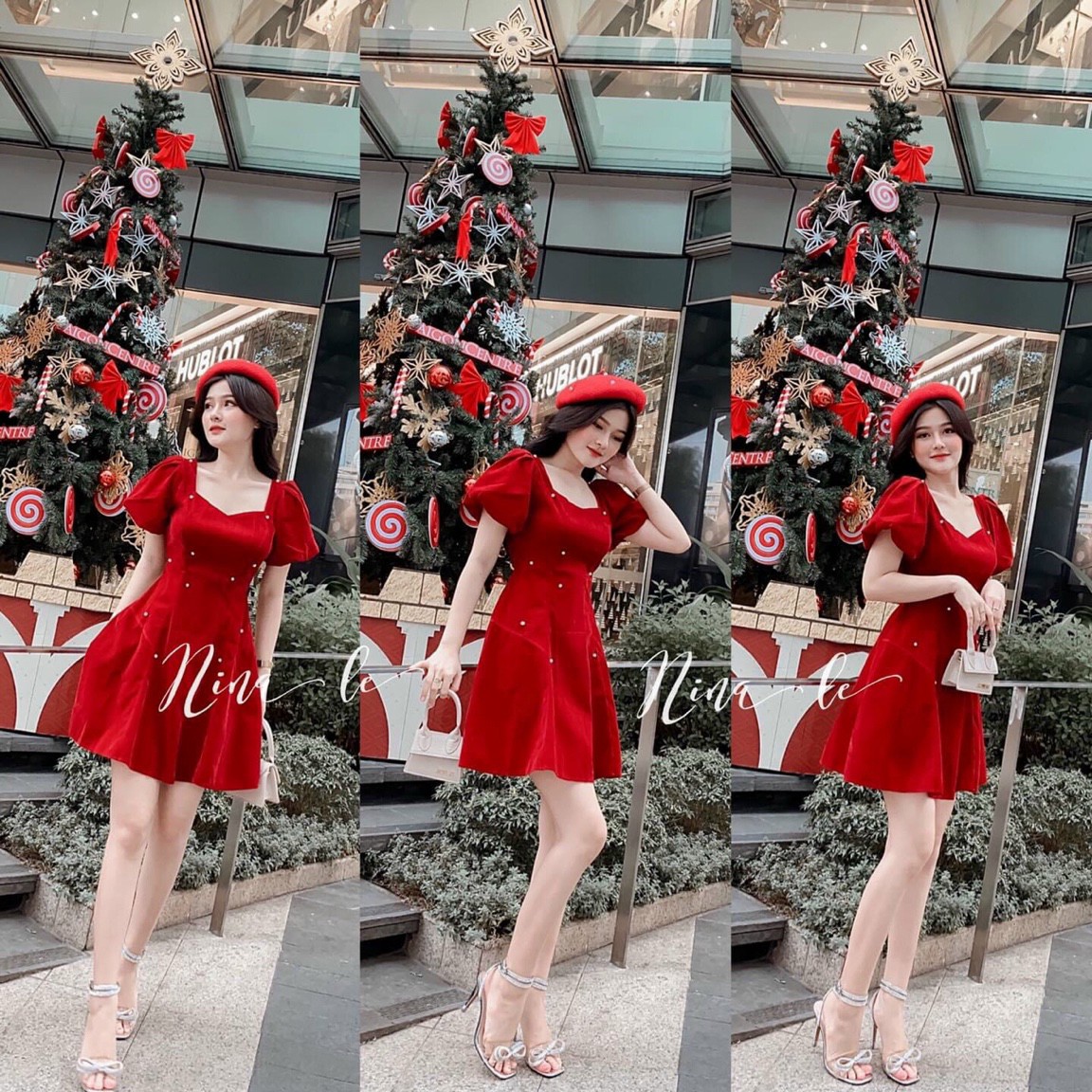 Đầm nữ dự tiệc tay phồng đính cườm thời trang nữ