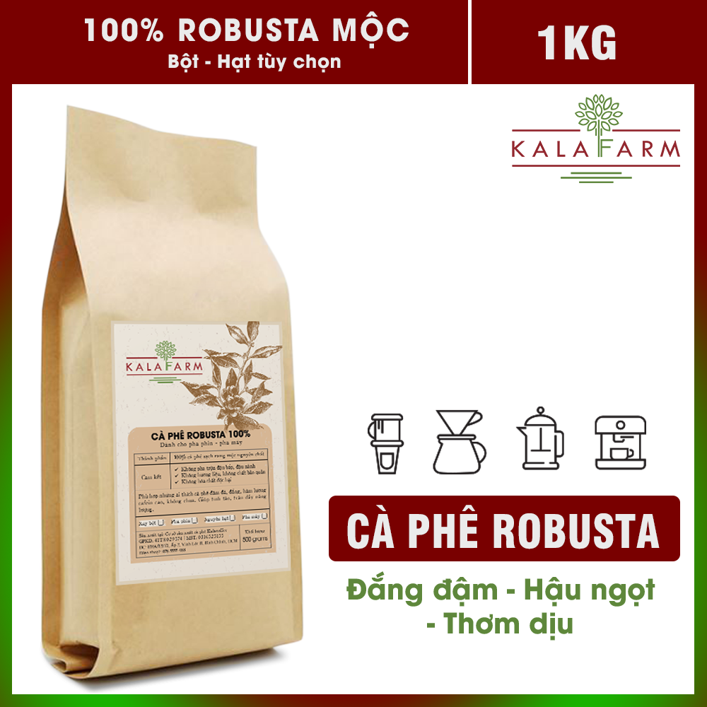 Combo 1kg (2 gói) Cà phê Robusta nguyên chất rang mộc 100% vị truyền thống đậm đà thơm nồng cafe pha phin ngon gói 500gr từ Kalafarm